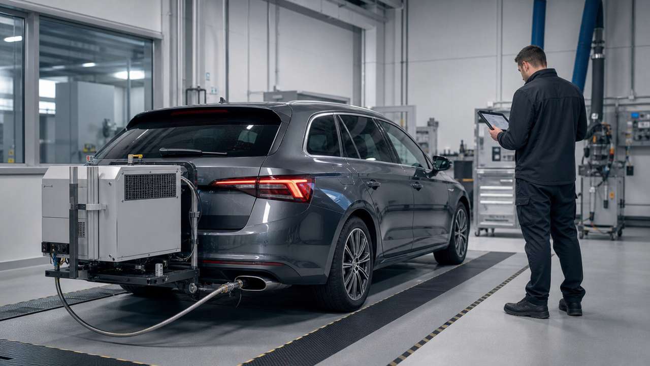 Diesel-Pkw mit mobiler Abgasmessanlage in einer Fahrzeug-Prüfhalle
