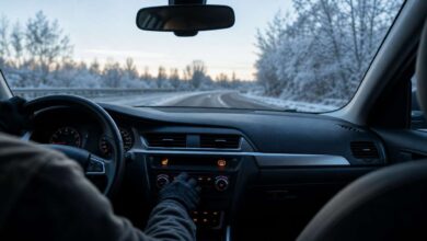 Fahrer bedient Heizung und Klimaanlage in einem Auto auf winterlicher Straße