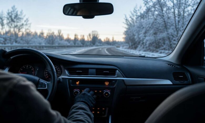 Fahrer bedient Heizung und Klimaanlage in einem Auto auf winterlicher Straße