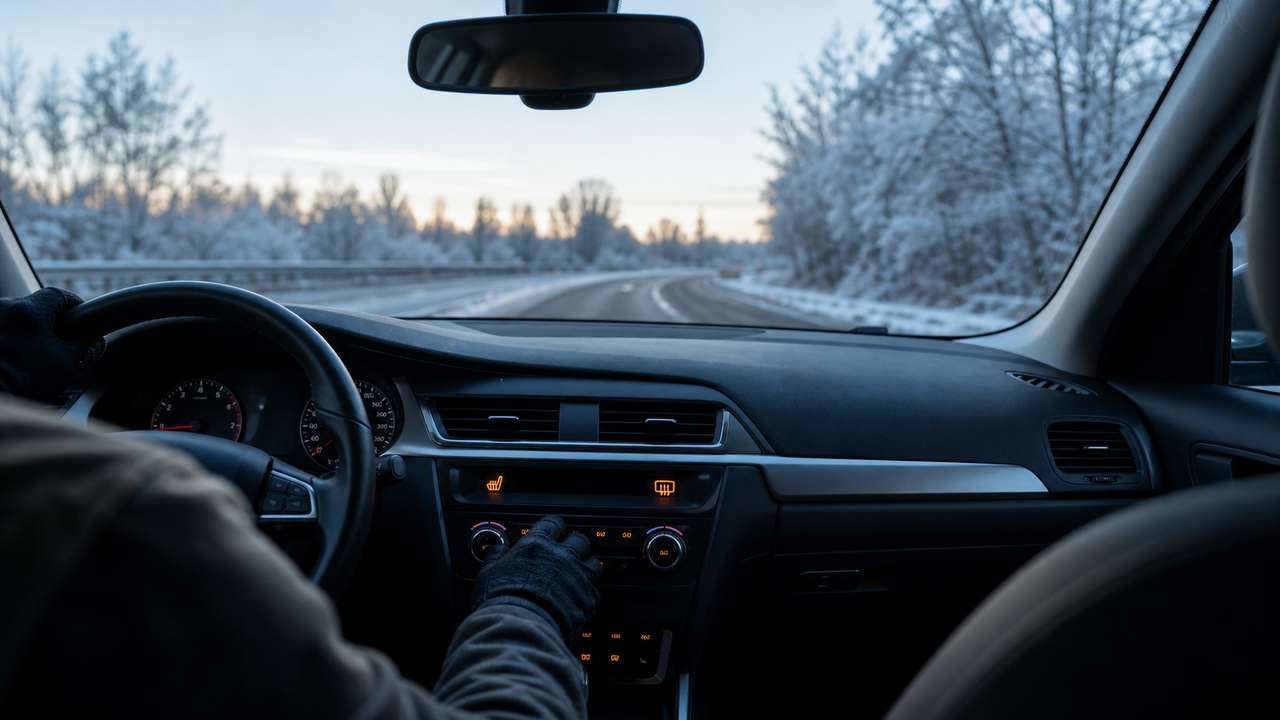 Fahrer bedient Heizung und Klimaanlage in einem Auto auf winterlicher Straße