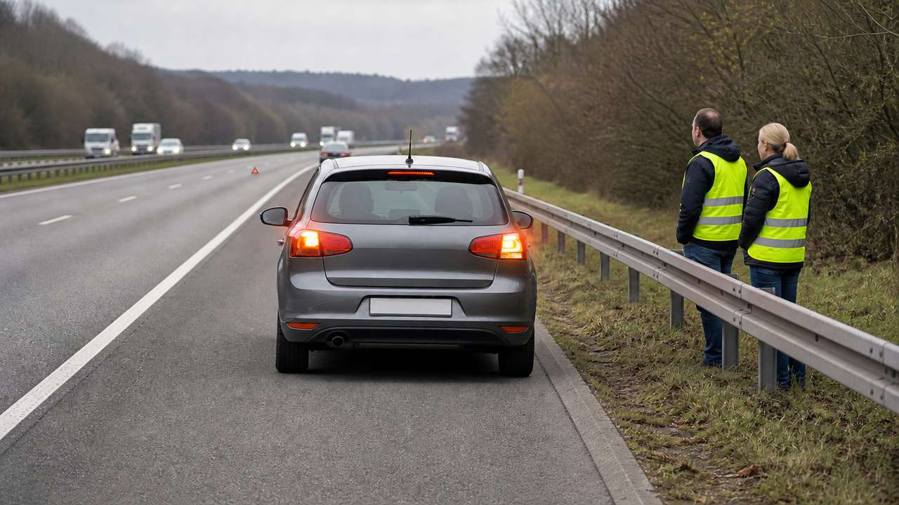 Pannenauto auf dem Autobahn-Seitenstreifen mit Warnblinker und Insassen hinter der Leitplanke