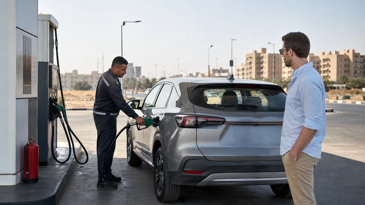 Tanken in Ägypten: Mietwagen und Tankwart an einer unbeschrifteten Tankstelle