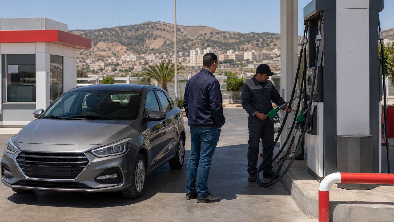 Tanken in Algerien: Autofahrer und Tankwart an einer unbeschrifteten Tankstelle in Nordalgerien