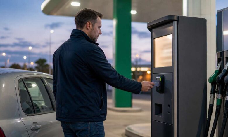 Autofahrer bezahlt kontaktlos an einem Tankautomaten
