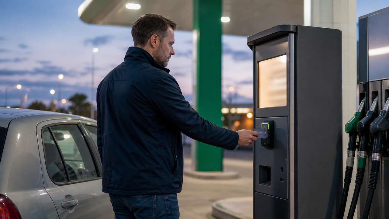 Autofahrer bezahlt kontaktlos an einem Tankautomaten