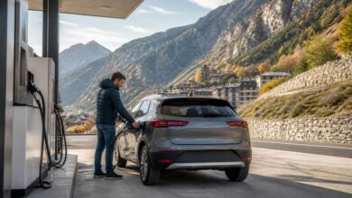 Autofahrer tankt an einer Tankstelle in Andorras Berglandschaft