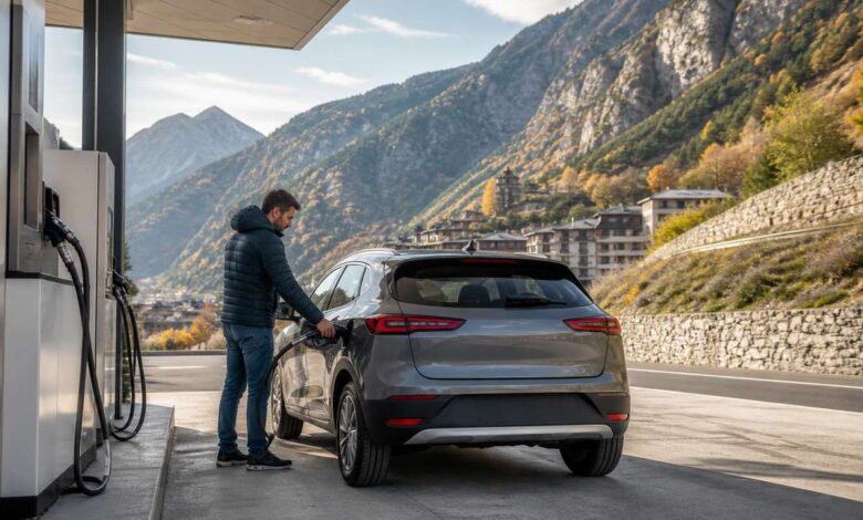 Autofahrer tankt an einer Tankstelle in Andorras Berglandschaft
