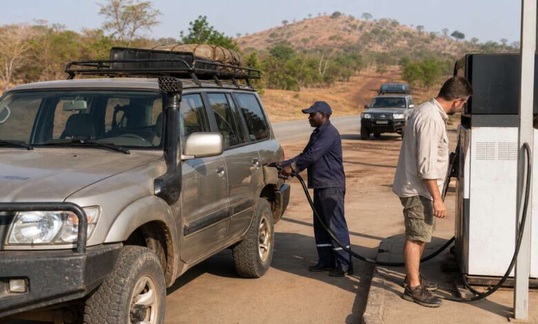 Tanken in Angola: Tankwart betankt einen Geländewagen