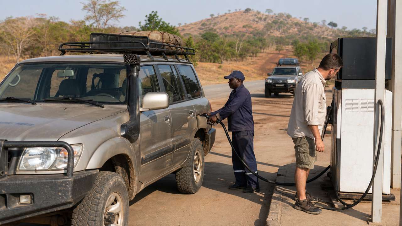Tanken in Angola: Tankwart betankt einen Geländewagen