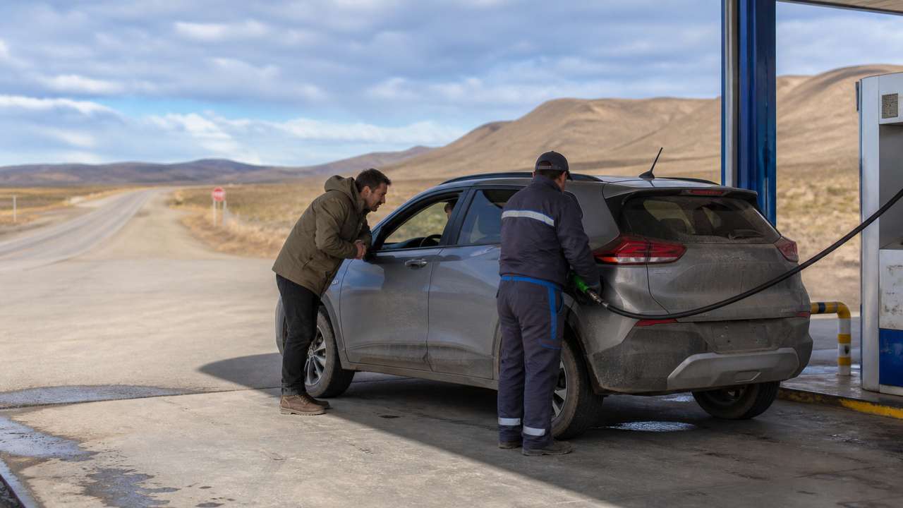 Tanken in Argentinien: Tankwart betankt einen Mietwagen an einer abgelegenen Station in Patagonien