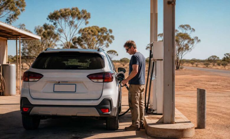 Tanken in Australien: Mietwagen an einem Outback-Roadhouse