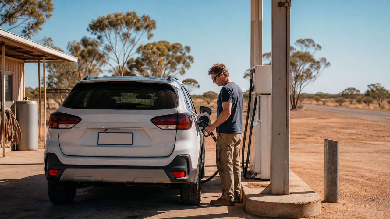 Tanken in Australien: Mietwagen an einem Outback-Roadhouse