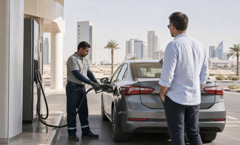 Tanken in Bahrain: Tankwart betankt einen Mietwagen