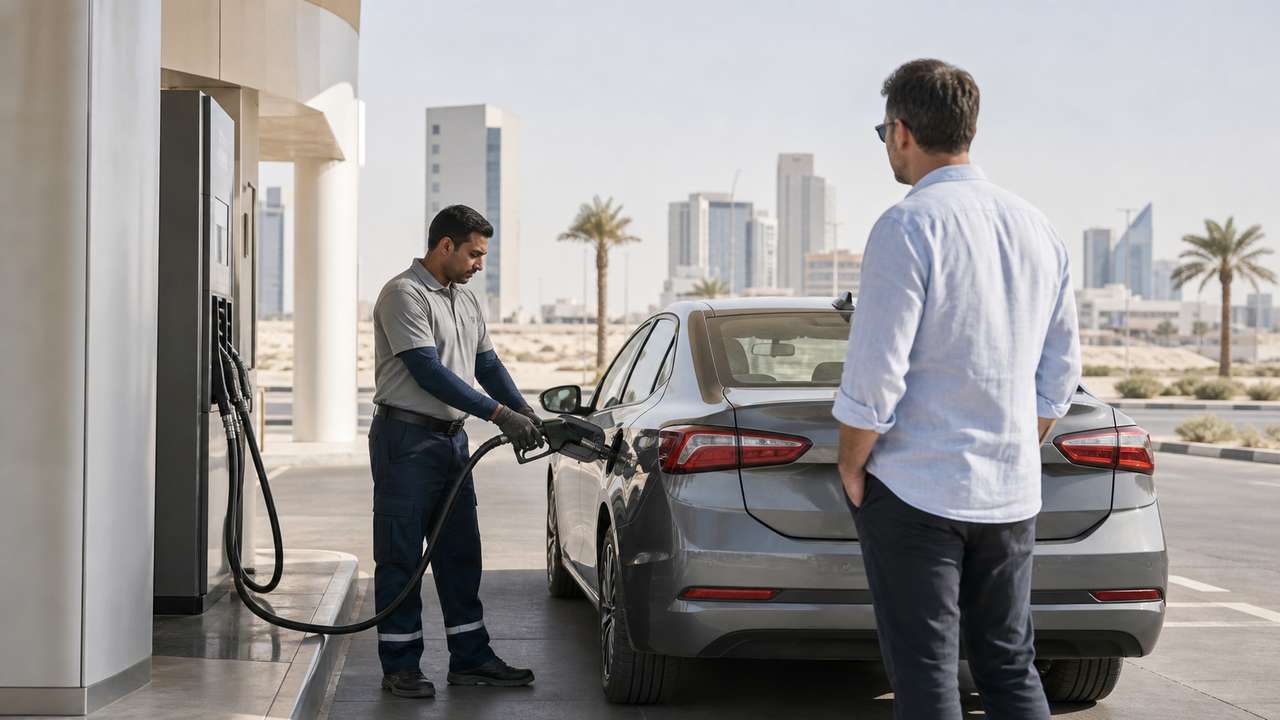 Tanken in Bahrain: Tankwart betankt einen Mietwagen