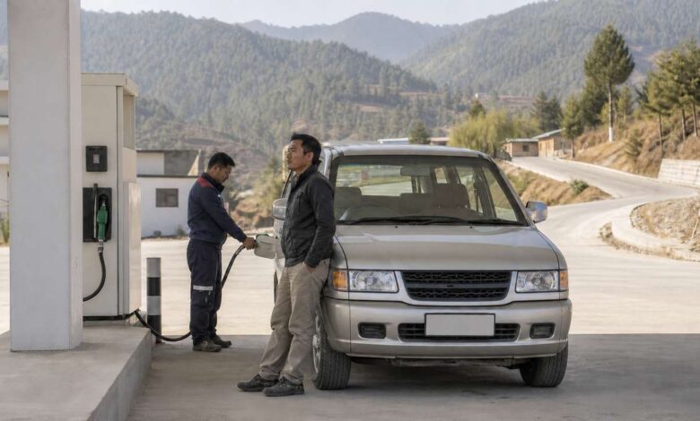 Tanken in Bhutan: Fahrer und Tankwart an einer Bergstraße
