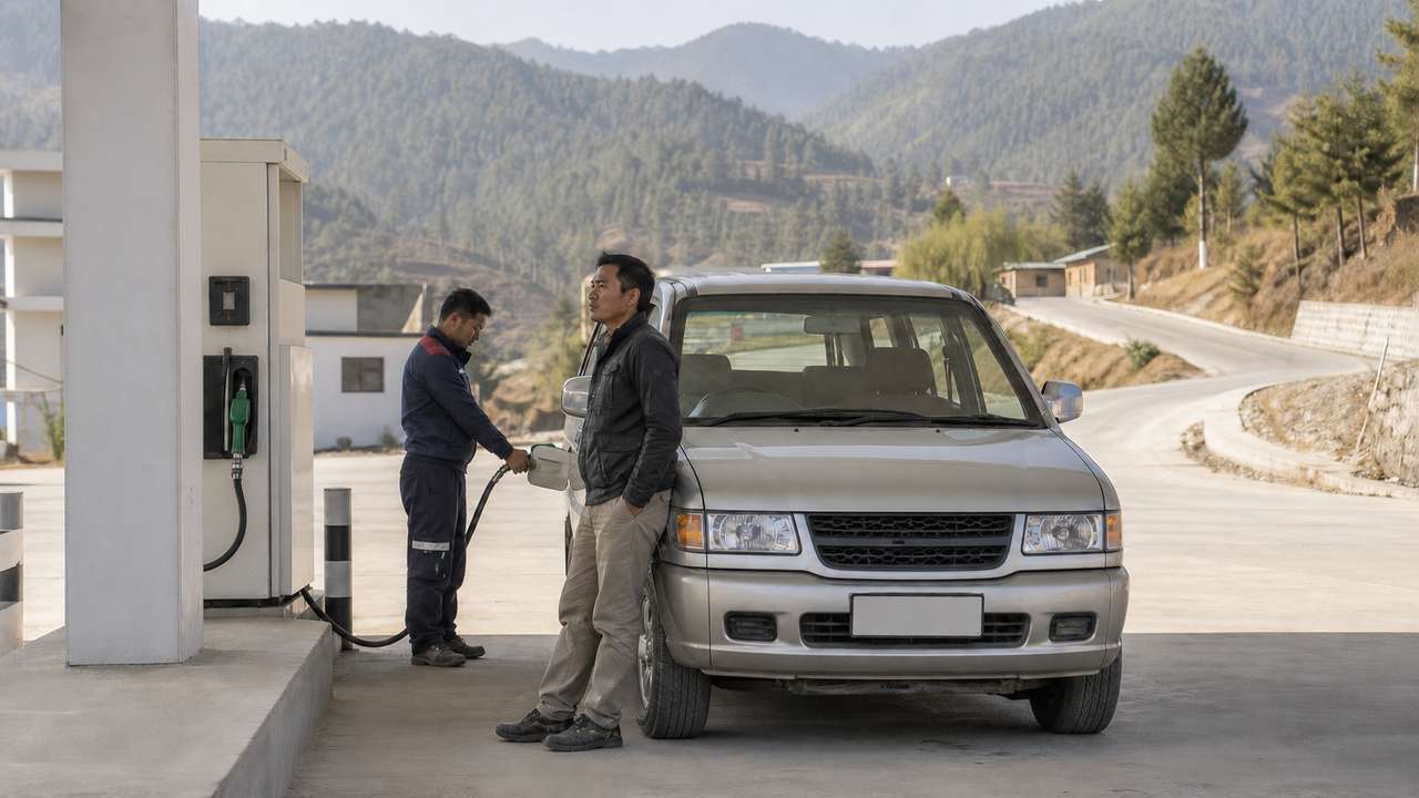 Tanken in Bhutan: Fahrer und Tankwart an einer Bergstraße
