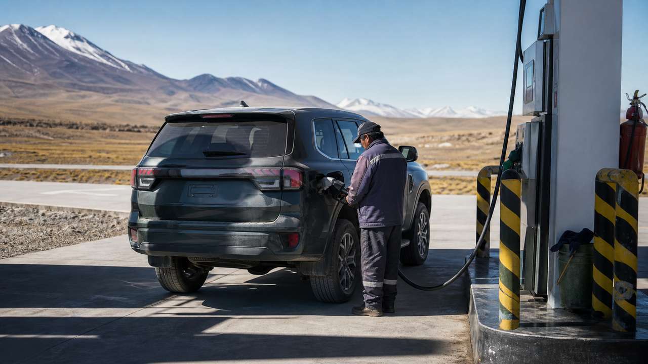 Tanken in Bolivien: Tankwart betankt einen Geländewagen im Altiplano