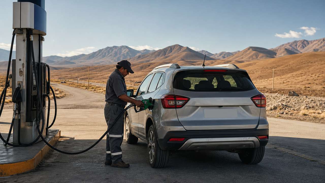 Tanken in Chile: Tankwart betankt einen Mietwagen an einer abgelegenen Station