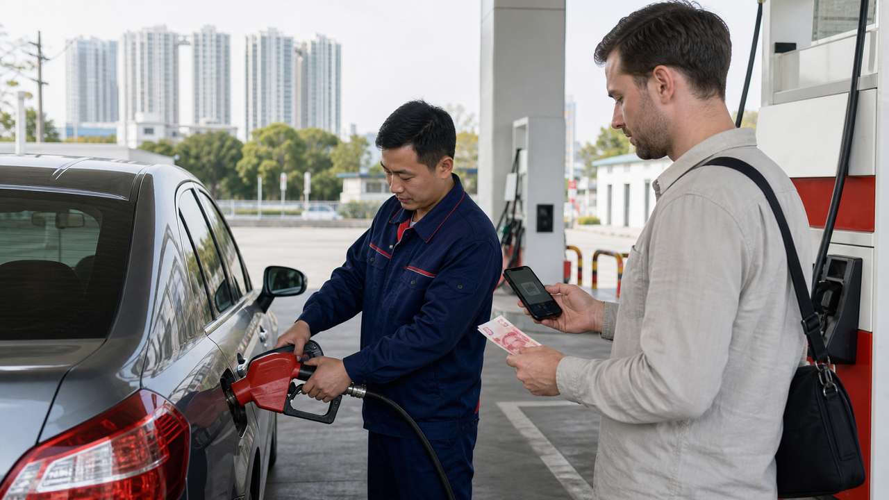 Tanken in China: Tankwart betankt einen Mietwagen, Reisender hält Smartphone und RMB-Bargeld bereit