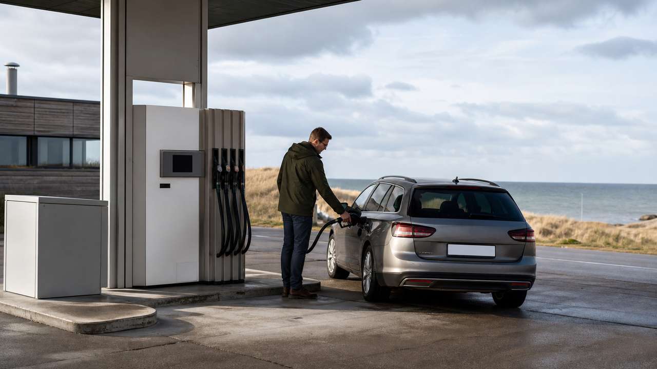 Reisender tankt an einem Tankautomaten an der dänischen Küste