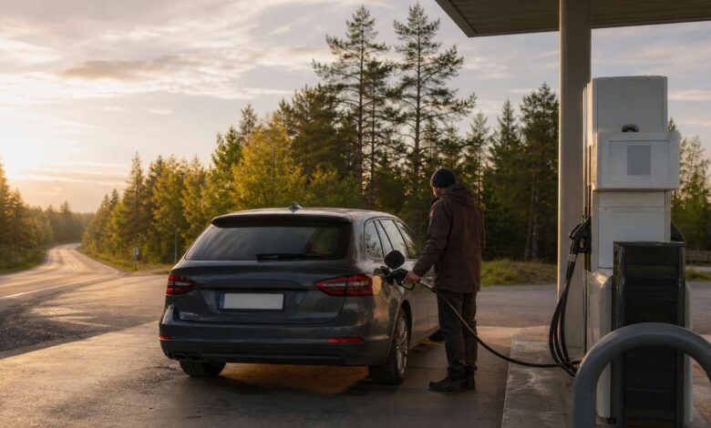Autofahrer tankt an einer Station in Finnland