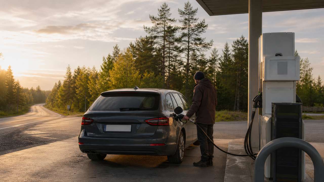 Autofahrer tankt an einer Station in Finnland