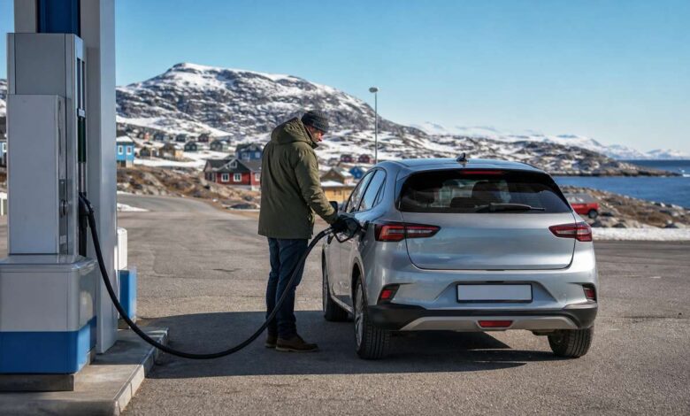 Tanken in Grönland: Mietwagen an einer Tankanlage in Nuuk