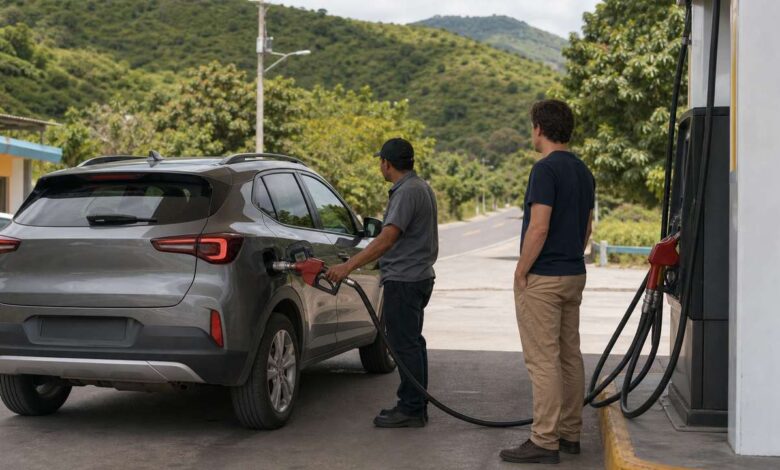 Tanken in Honduras: Mietwagen mit Tankwart an einer Landstraße