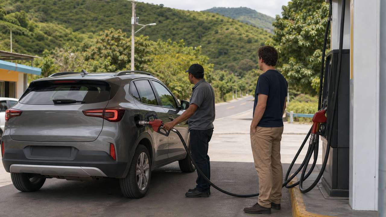Tanken in Honduras: Mietwagen mit Tankwart an einer Landstraße