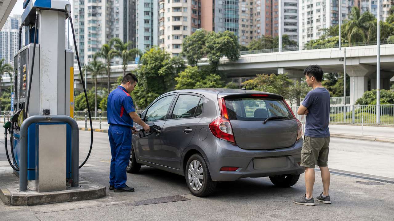 Tanken in Hongkong: Mietwagen mit Tankwart an einer Stadtstation