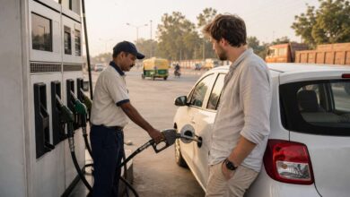 Tanken in Indien: Tankwart betankt einen weißen Mietwagen