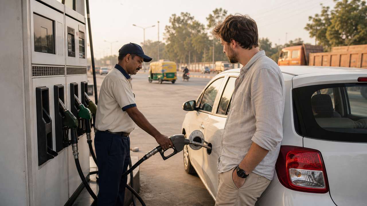 Tanken in Indien: Tankwart betankt einen weißen Mietwagen