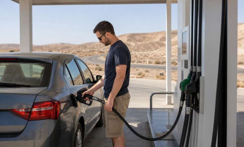 Tanken in Israel: Reisender betankt einen Mietwagen im Negev