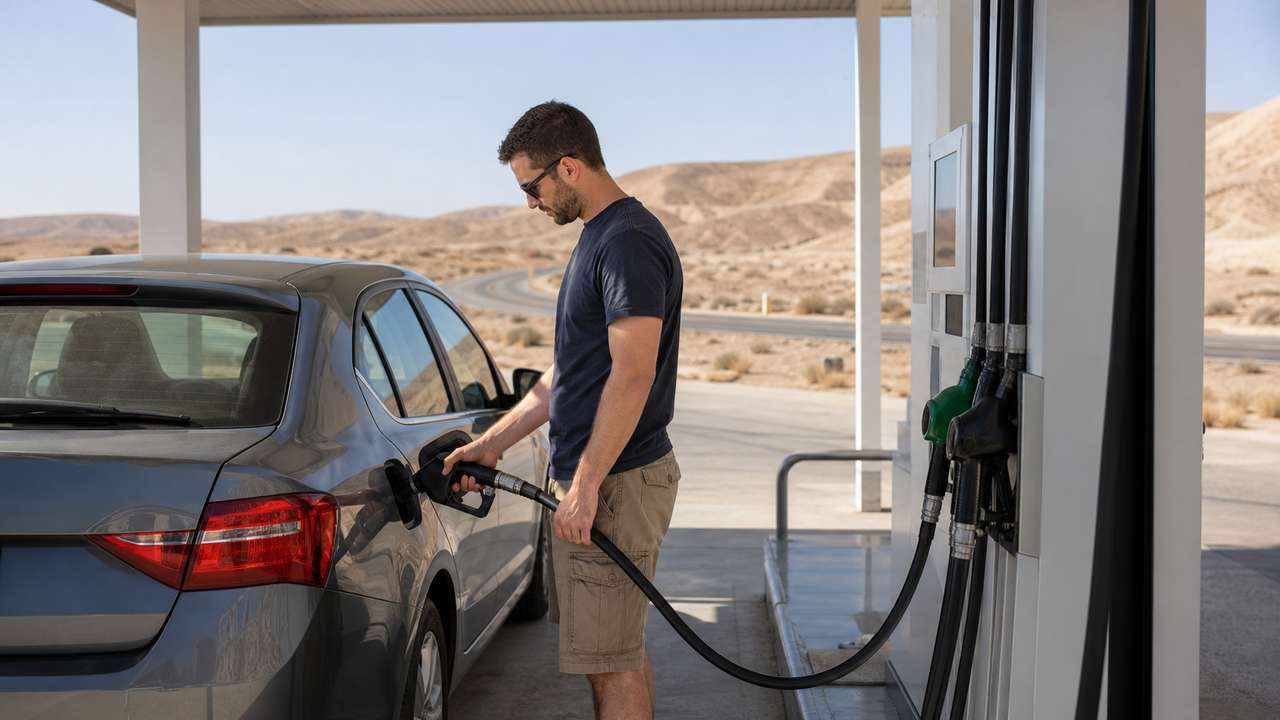 Tanken in Israel: Reisender betankt einen Mietwagen im Negev