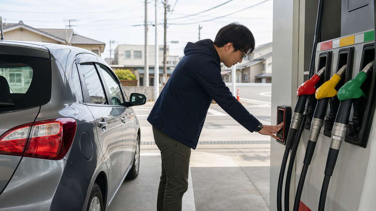 Tanken in Japan: Fahrer berührt vor dem Tanken die Anti-Statik-Fläche neben farbigen Zapfhähnen