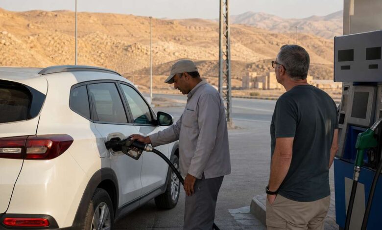 Tanken in Jordanien: Tankwart betankt einen weißen Mietwagen