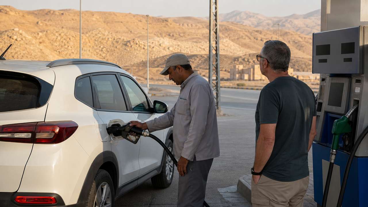 Tanken in Jordanien: Tankwart betankt einen weißen Mietwagen