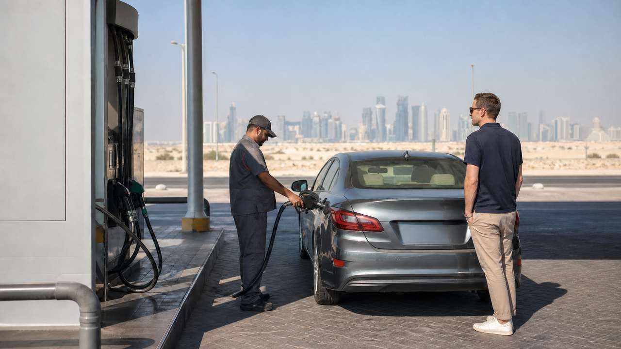 Tankwart betankt einen Mietwagen an einer modernen Tankstelle nahe Doha in Katar