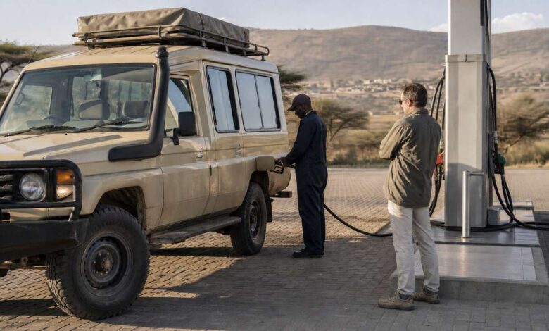 Reisender und Tankwart an einer Tankstelle in Kenia vor einer Safari mit dem Mietwagen