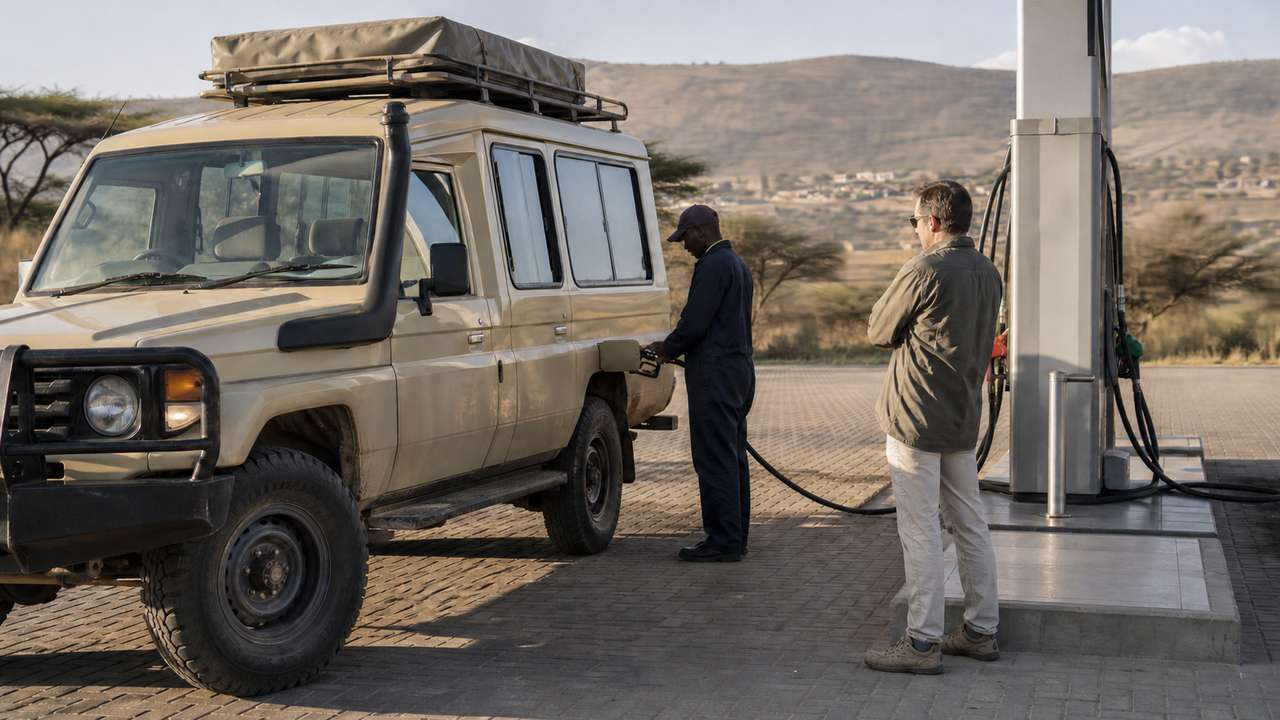 Reisender und Tankwart an einer Tankstelle in Kenia vor einer Safari mit dem Mietwagen