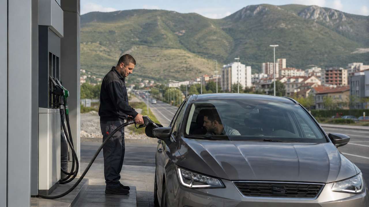 Tanken im Kosovo: Tankwart betankt ein Auto vor einer Bergkulisse