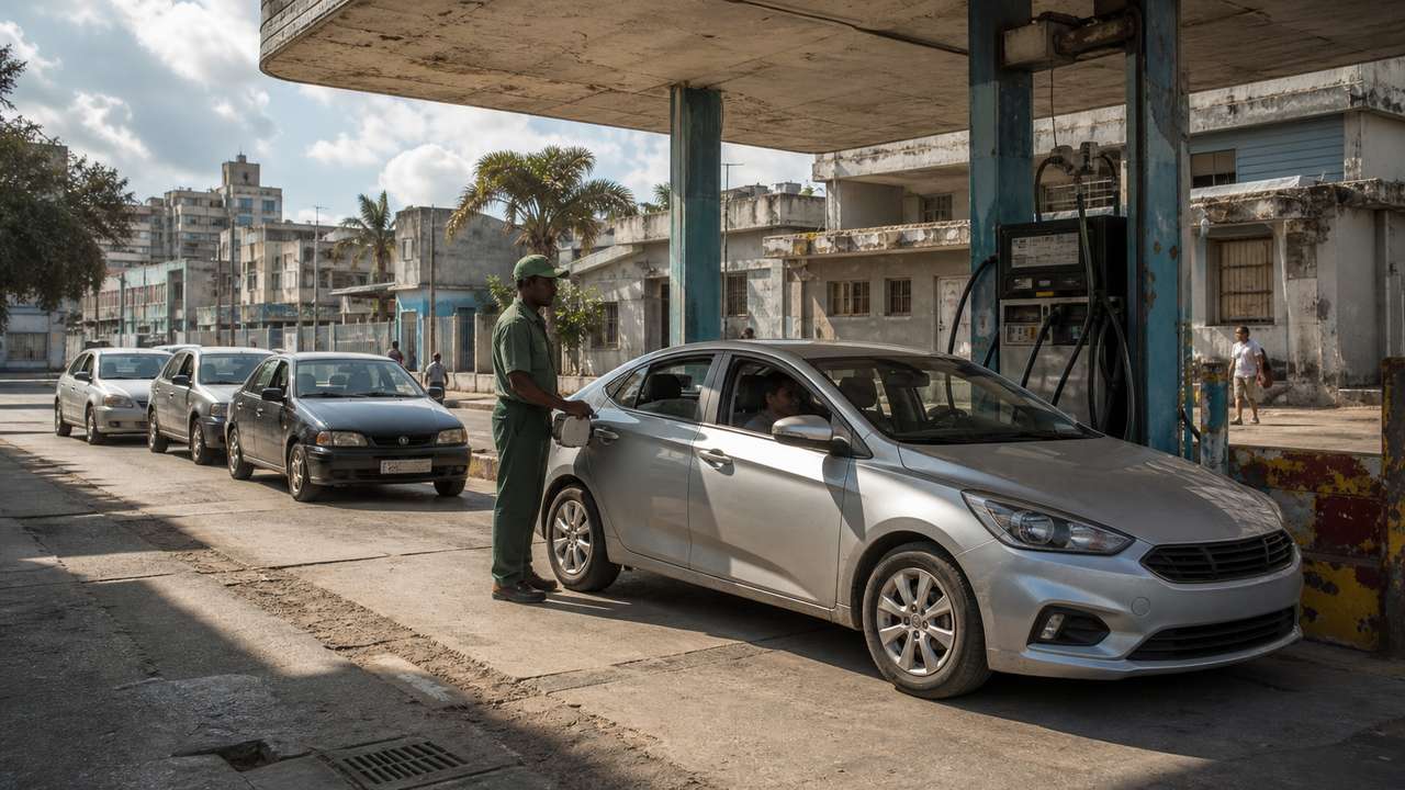 Tanken in Kuba: Mietwagen wartet mit weiteren Autos an einer städtischen Tankstelle
