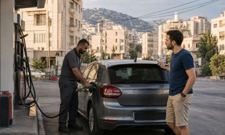 Tankwart betankt einen Mietwagen an einer Tankstelle im Libanon