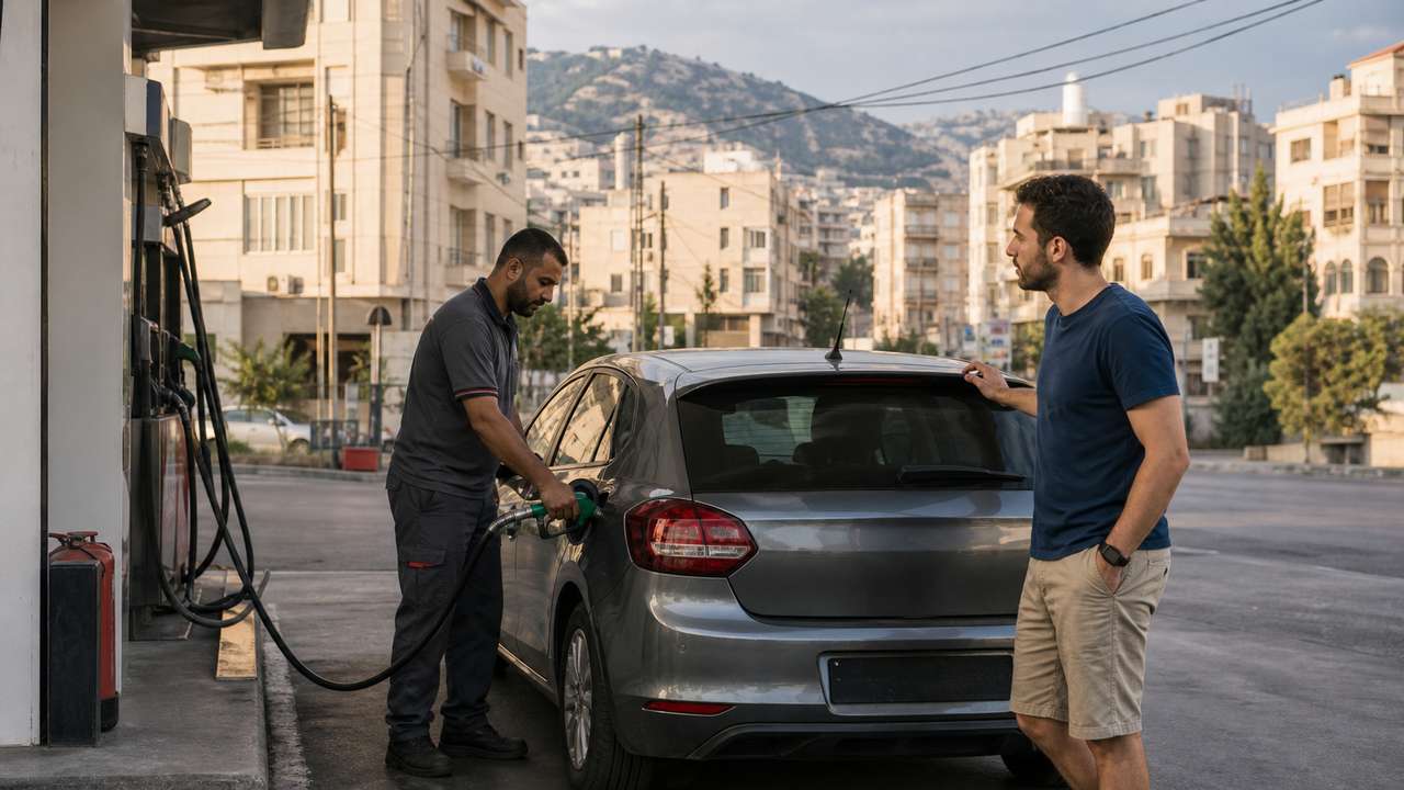 Tankwart betankt einen Mietwagen an einer Tankstelle im Libanon
