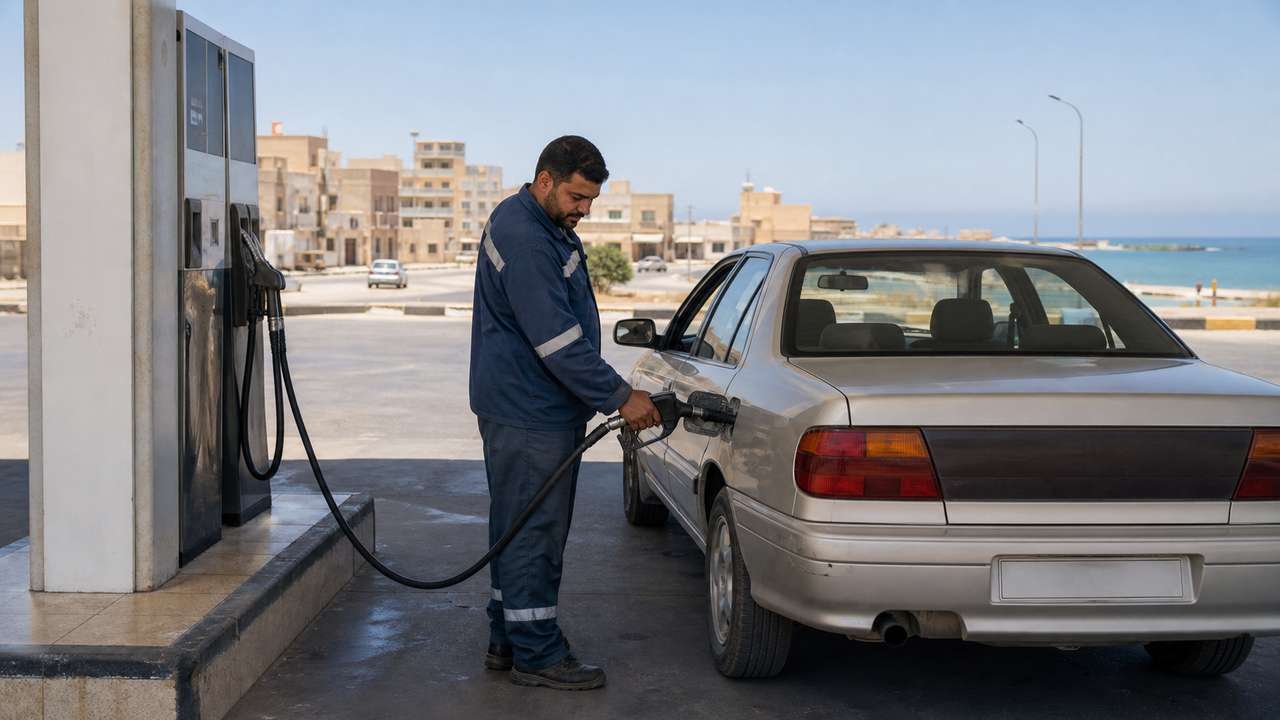 Tanken in Libyen: örtlicher Tankwart betankt ein Auto an einer unbeschrifteten Küstenstation