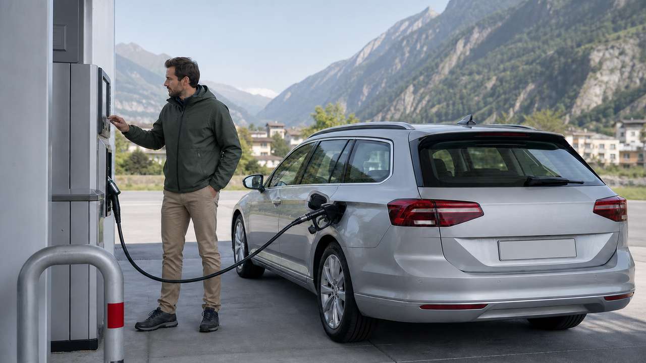 Reisender tankt einen Kombi an einer Tankstelle in Liechtenstein vor Alpenkulisse