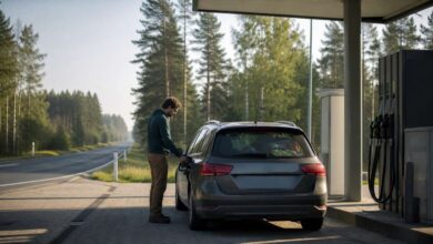 Autofahrer tankt an einer ländlichen Tankstelle in Litauen