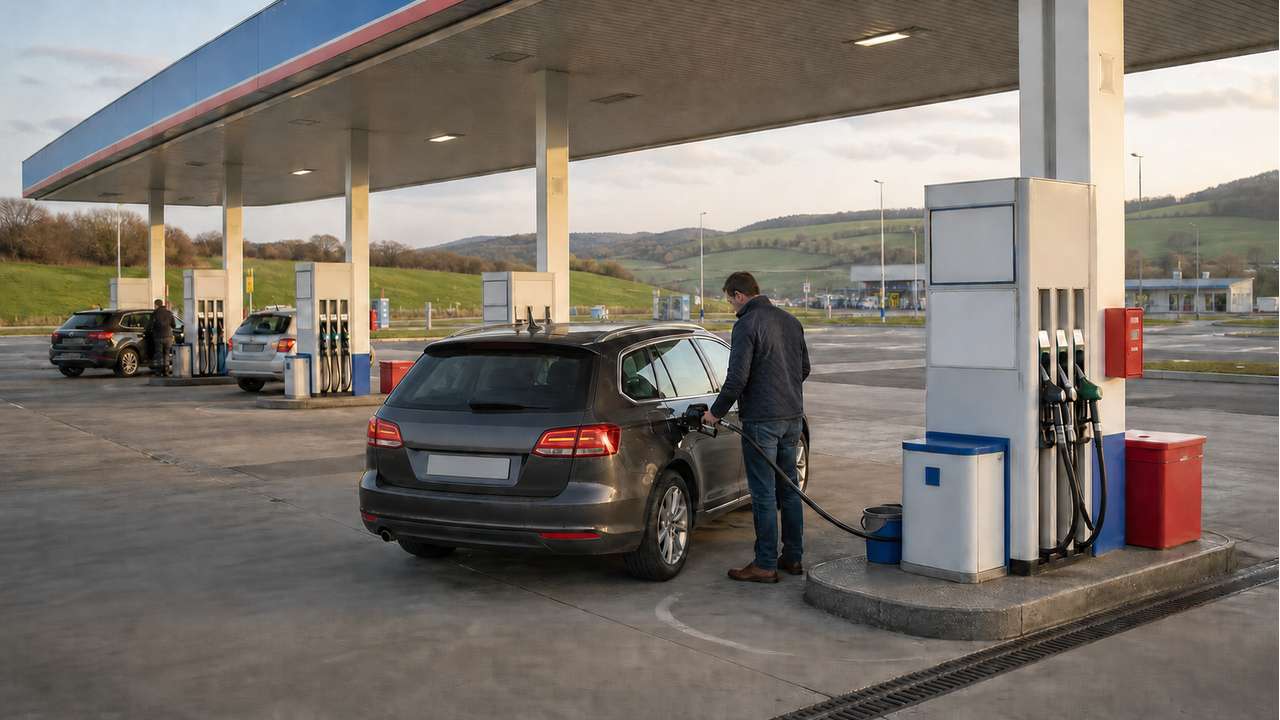 Autofahrer tankt an einer großen Tankstelle in Luxemburg