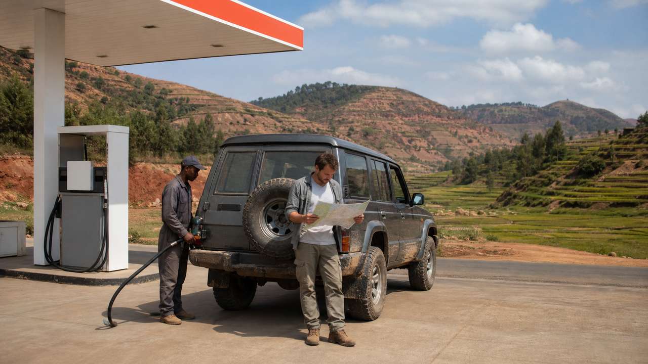 Geländewagen beim Tanken an einer Tankstelle im Hochland von Madagaskar
