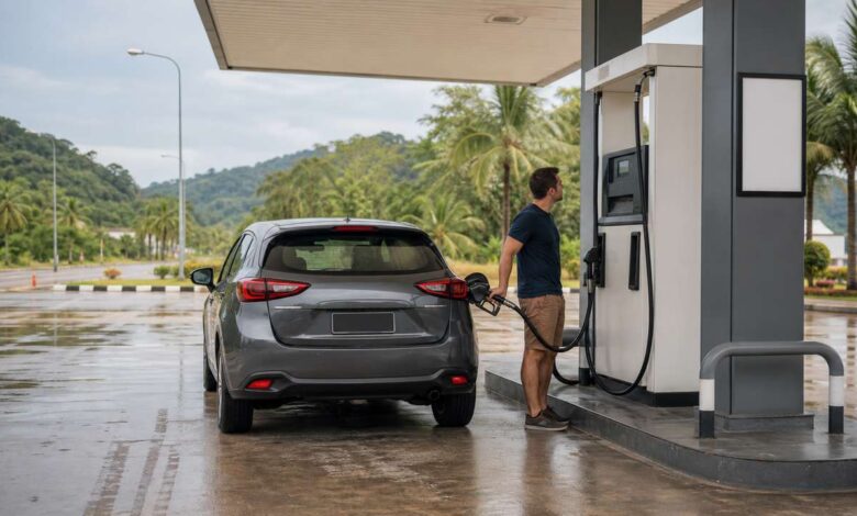 Mietwagen beim Tanken an einer Selbstbedienungsstation in Malaysia